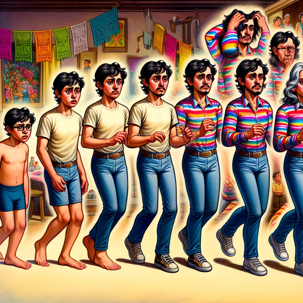 The image will portray a young boy named Henry Jameson transforming into a middle-aged Hispanic woman resembling Yolanda Hernandez, his friend's mother. Through the sequence, Henry's feet change in size and features, followed by his lower body, torso, arms, hands, face, and hair, until he resembles Yolanda in every detail. The final image will depict Henry fully transformed into Yolanda, exuding a mix of confusion, shock, and acceptance, as he stands in a room filled with vibrant colors, charact