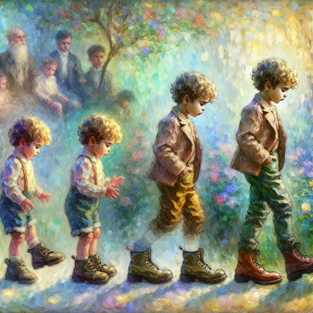 Boy, Toddler, Shoes, Transformation, Growth in the style of Monet