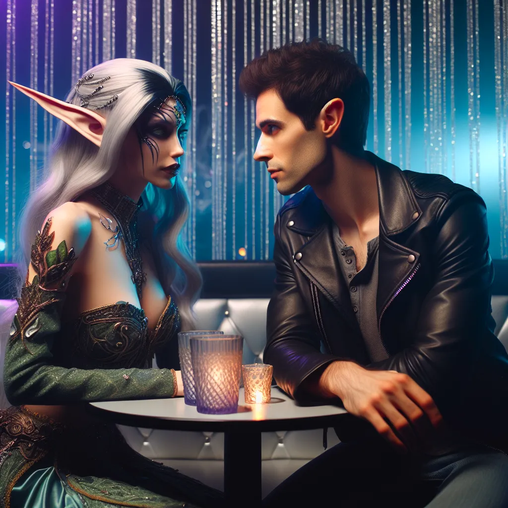 A mystical image of an elf and a human, sitting closely together in a dimly lit nightclub booth, their intense gazes meeting as the subtle hint of romance and fate weaves through the air around them.