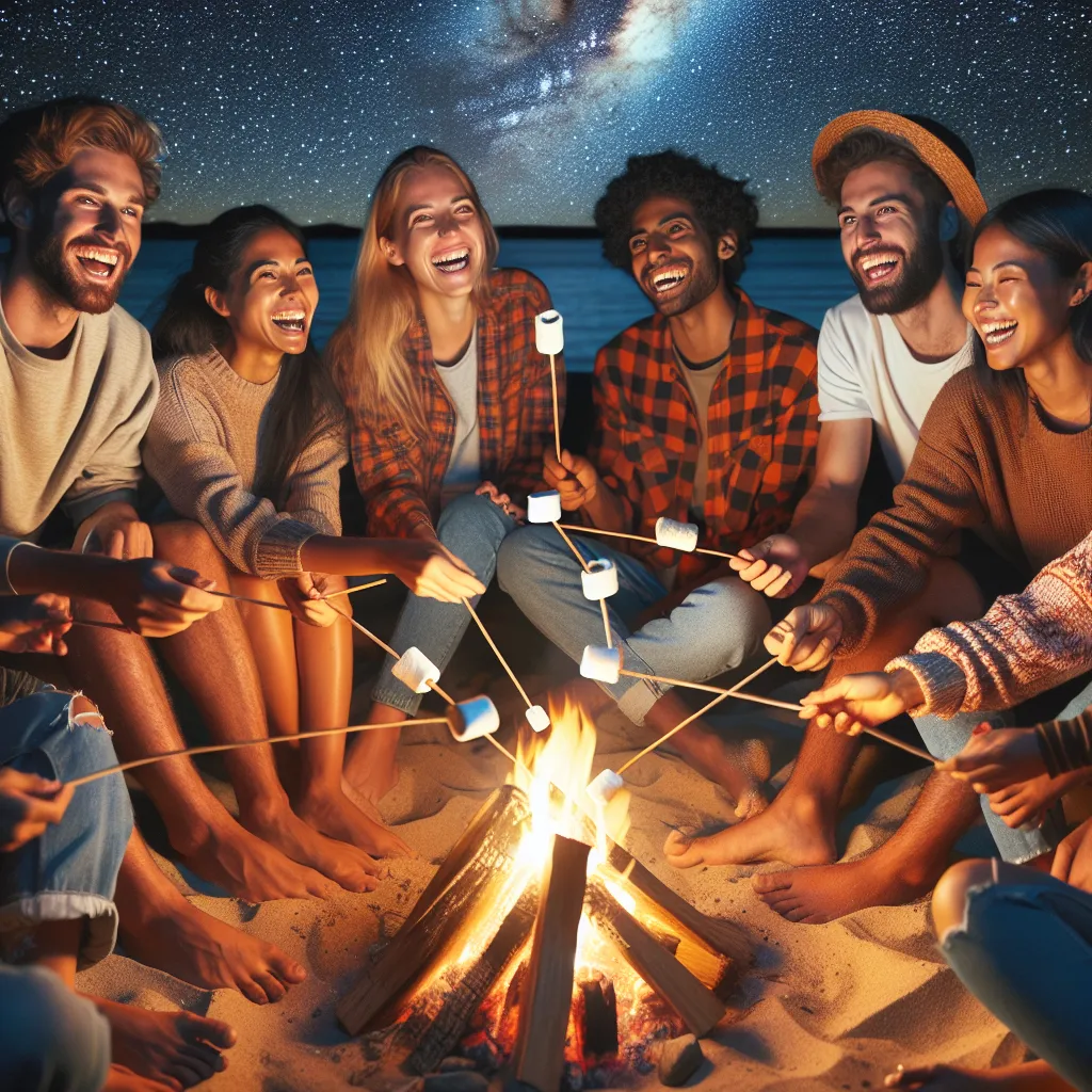 A group of diverse friends sitting around a bonfire on a beach, sharing laughter and toasting marshmallows under a starry sky.