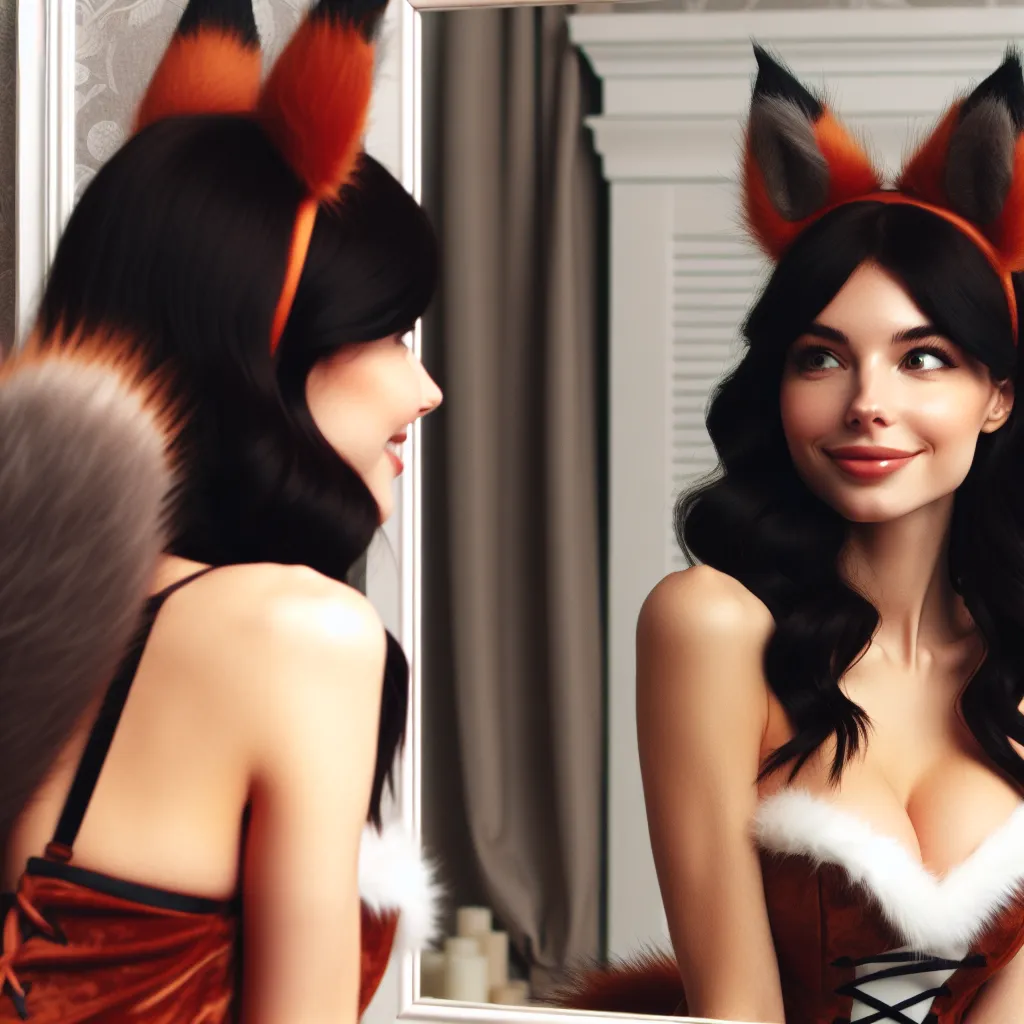 The image description: A young woman with dark brown fur, fox ears, and a fox tail stands in front of a mirror, looking at her transformed reflection with delight and wonder.