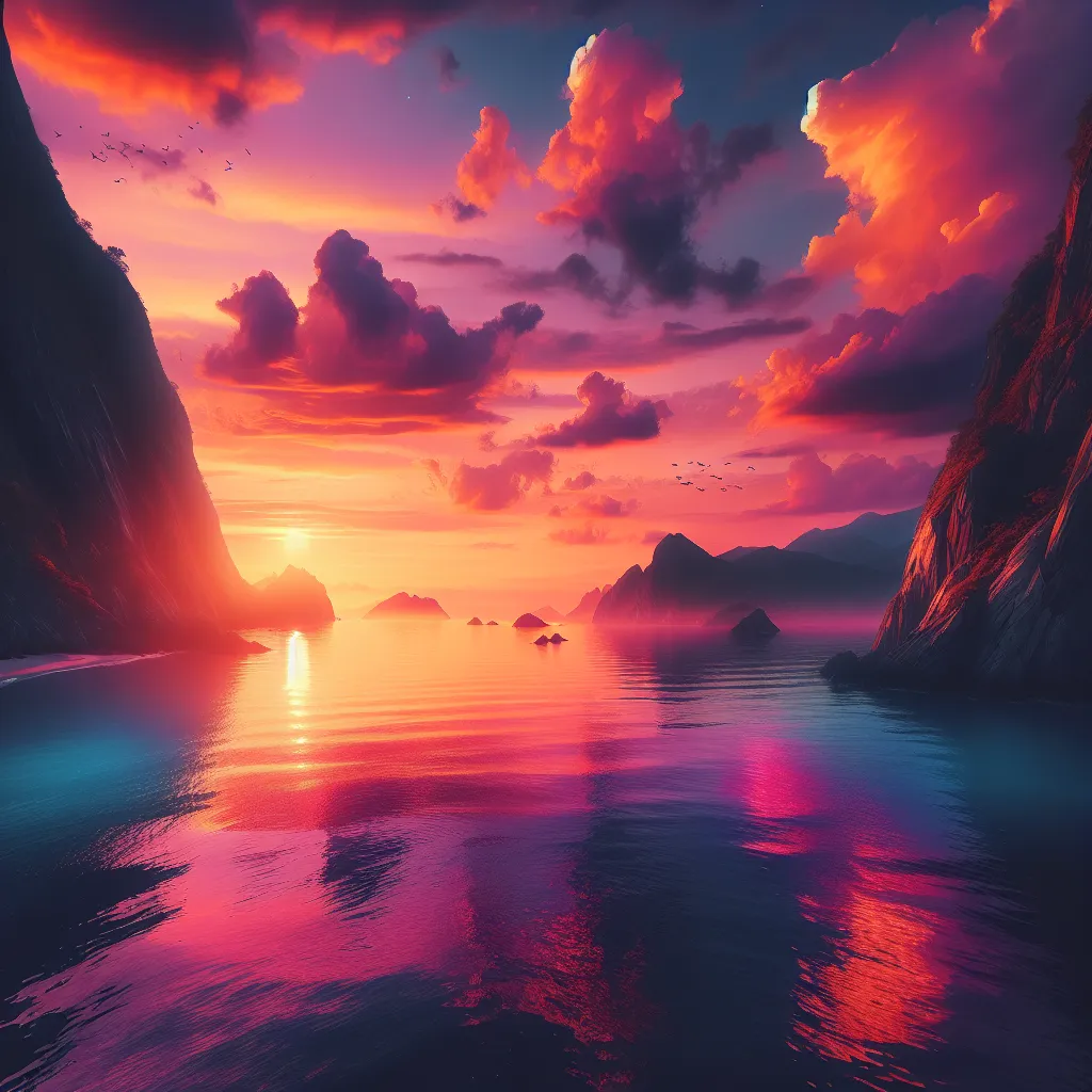 The image features a beautiful sunset over a serene coastal landscape, with vibrant orange and pink hues illuminating the sky and reflecting on the calm waters.