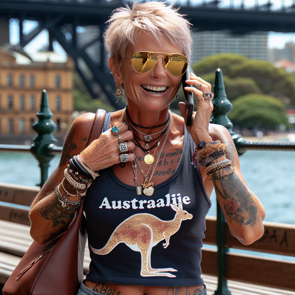 A woman named Emily, now Amalie, walks along a boardwalk in Sydney, Australia. She is wearing sunglasses and a tank top with a kangaroo graphic. She is adorned with jewelry, including a wedding ring, bracelet, and sapphire ring. She has three tattoos and carries a leather purse. She has lived in Australia for 31 years and has adopted the Australian accent. As she continues her journey, she receives a call and happily answers, embracing her life in Australia.