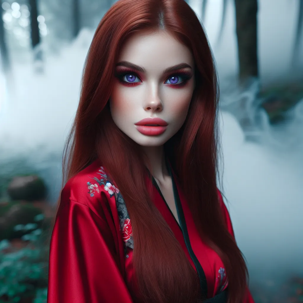 An image depicting a young woman in a red kimono, standing in a foggy forest. She has long, straight red hair and captivating violet eyes. The atmosphere is eerie and haunting, with the fog swirling around her.