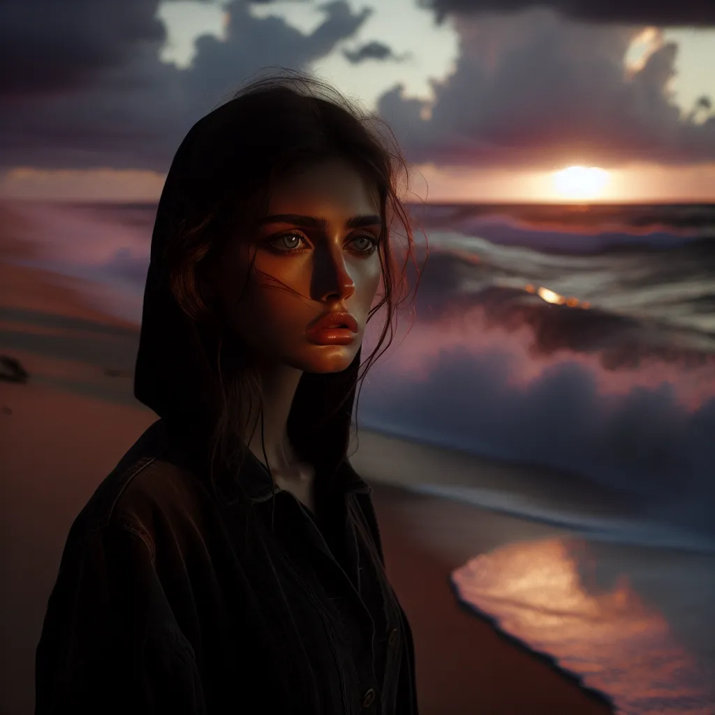 Description: A young woman stands alone on a beach at sunset, her face filled with anguish and resignation. The waves crash beside her, whispering secrets of a dark transformation.