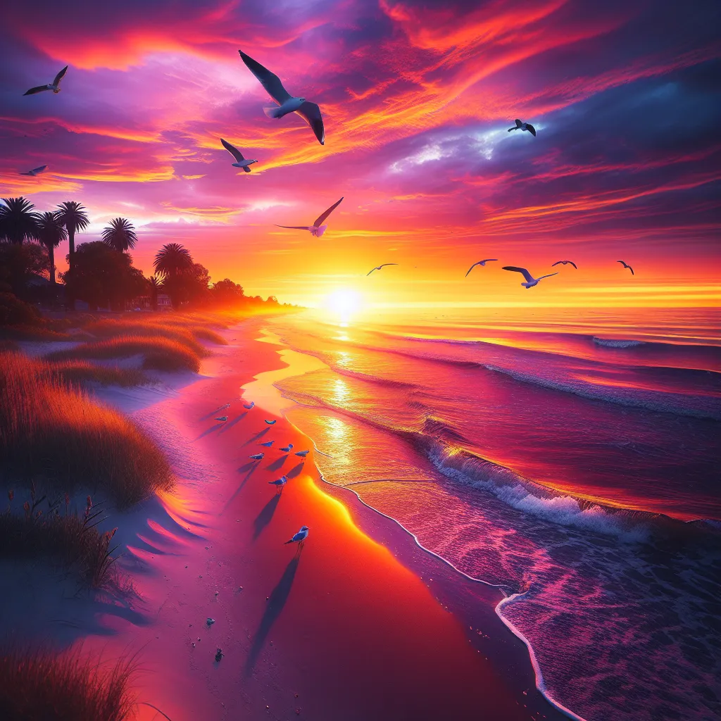 No worries! Here is a concise description for an image that can be used independently:

"A breathtaking sunset over a tranquil beach, casting vibrant hues of orange, pink, and purple across the sky, with gentle waves lapping against the shore and seagulls gliding overhead."