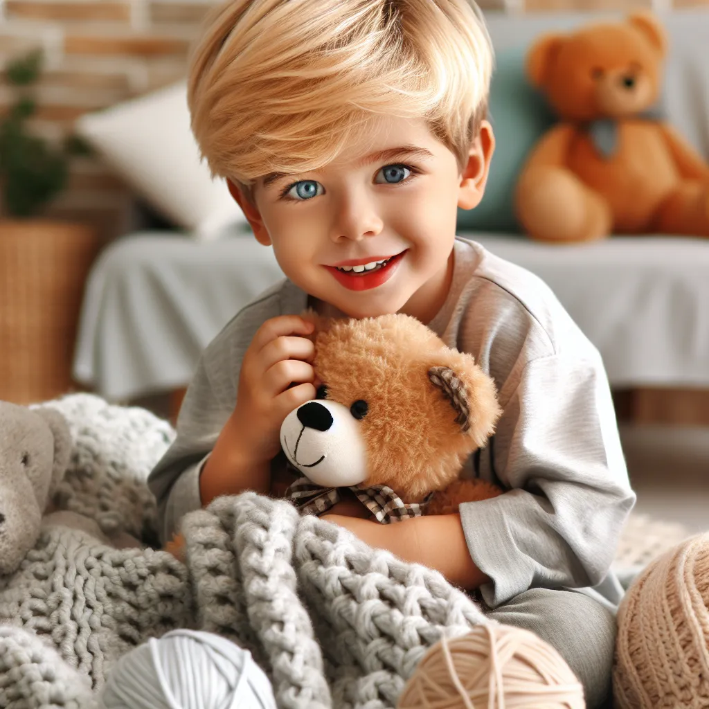 The image that would accompany this story could show a young boy with blonde hair and blue eyes playing with his favorite stuffed bear and knitted blanket.