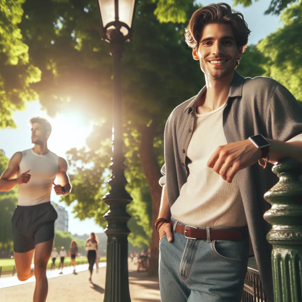 A person leans against a lamppost in the early summer sun, watching their best friend approach. The friend, recently transformed, now exudes a new confidence as they jog in the bright light, showcasing a different physique. The dynamic between the two friends shifts subtly, but their bond remains strong as they embark on a jog together, navigating this new chapter in their relationship.