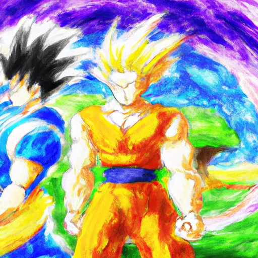 Dragon Ball, Goku, Vegeta, Z Fighters, Fusion in the style of Monet