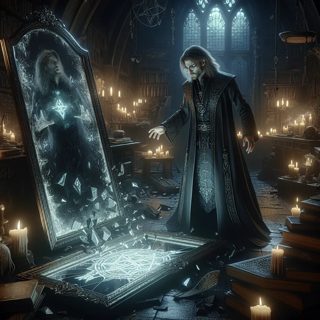 A magical academy instructor grapples with the consequences of destroying a mysterious mirror in a story filled with dark visions and lingering guilt.