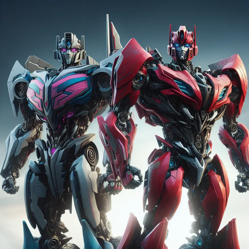 Description for the image:

Charlie Morningstar and Alastor, transformed into cybertronian beings from the Transformers universe, stand side by side in their sleek robotic forms. Charlie, now known as Dynamo, is a pink, gray, and blue robot with an elongated body and intricate mechanical features. Alastor, now Torpedo Blast, is a red and black alloy robot with white trimmings, exuding an air of sinister charm. They stand together, ready to embark on their mission as Autobots, their previous demo