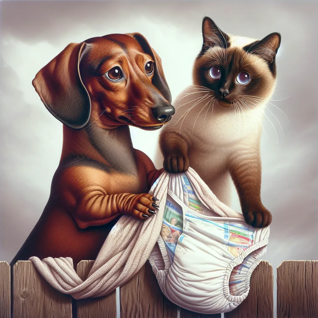 An image showing Dudley the Dachshund and Kitty the Siamese cat, with Dudley gently removing a diaper that had gotten stuck on the fence and tangled around Kitty's body. Dudley's face displays determination and concentration, while Kitty's eyes express a mixture of hope and fear. The image captures the moment of Dudley's heroic rescue and the beginning of an unlikely friendship between the two animals.