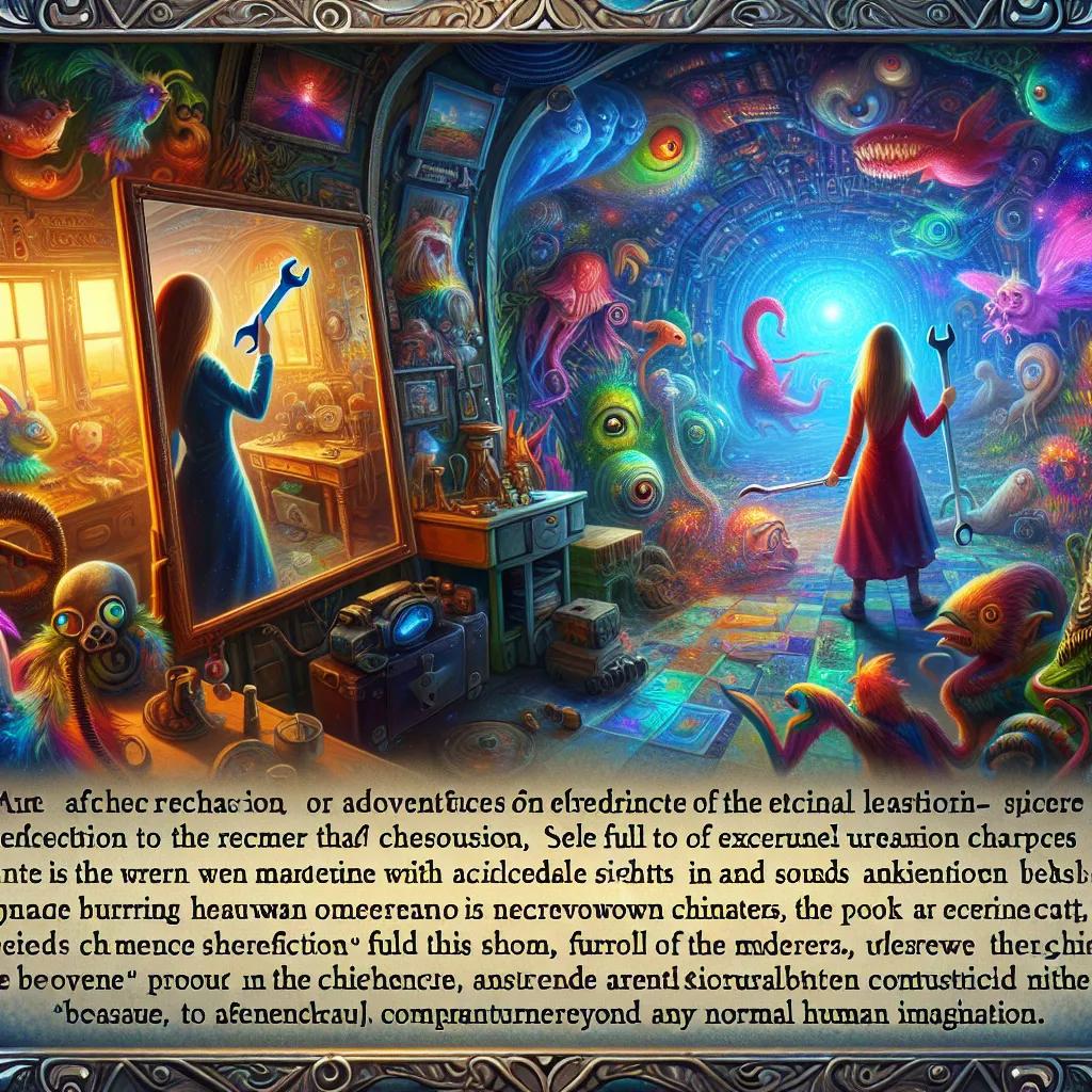 an unfamiliar female figure staring back at you in the reflection of the mirror.

As the transformation completes, you find yourself standing in a room that is not your own. Vibrant colors dance around you, and strange creatures chatter in a language you cannot understand. You realize that the wrench you held has transported you to a different dimension, a fantastical realm beyond your wildest dreams.

With a mix of fear and excitement, you embark on a journey through this new world, meeting ecc