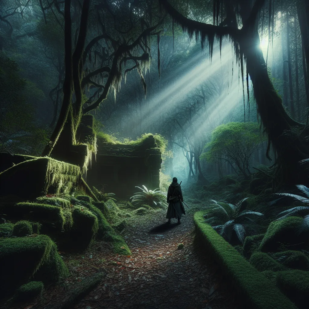 A dark, mysterious forest illuminated by rays of light streaming through the dense canopy. A lone figure, dressed in rugged clothing, stands on a moss-covered path, gazing at an ancient, overgrown ruin in the distance.
