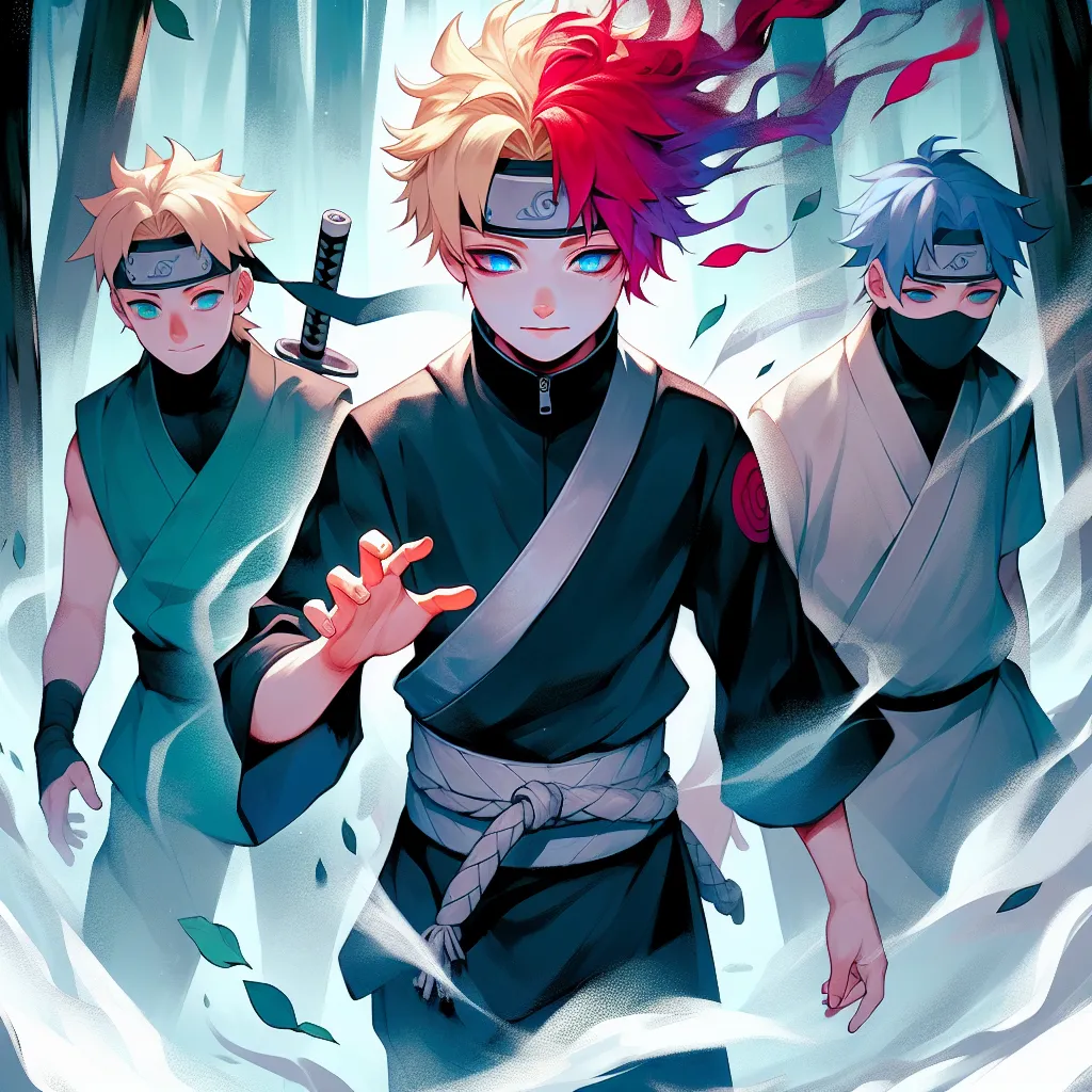 The image depicts Naruto Uzumaki, a young ninja, hesitantly entering a steamy hot spring surrounded by Sakura Haruno and Ino Yamanaka. As Naruto steps deeper into the mist, subtle changes begin to occur - his blonde hair transforms into vibrant red locks, his eyes change from blue to a deep violet, and his masculine form gradually shifts into a delicate feminine balance. Naruto, now known as Naruko, is bewildered by these transformations but finds that her friends seem unfazed, treating her new 
