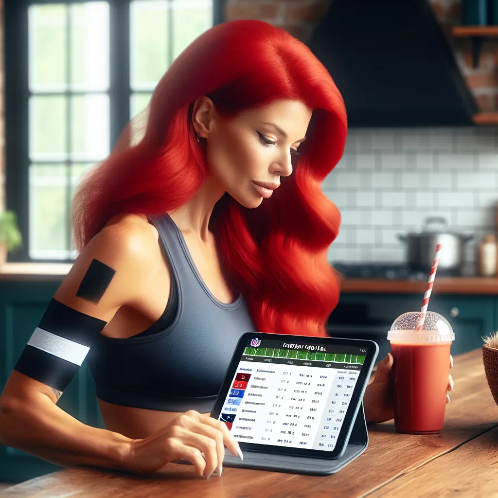 The image depicts Reggie, now transformed into Rae, sitting at a kitchen table and checking her fantasy football lineup on a tablet. She is a sassy, redheaded bombshell who used to be the narrator's 6'4" linebacker buddy. She is holding a protein shake in one hand while absentmindedly playing with a strand of her luxurious red hair.