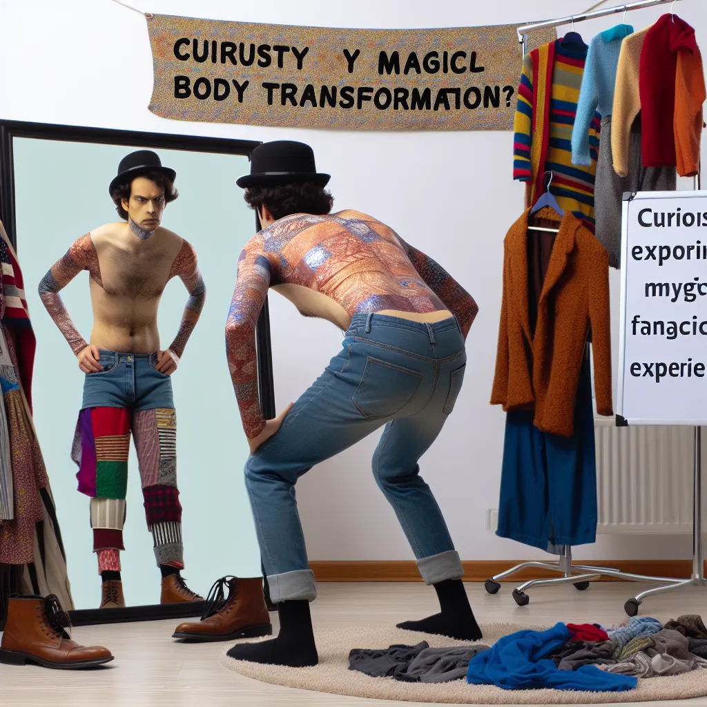 An image shows a person standing in front of a mirror, wearing mismatched clothing, and imitating different poses. They are playfully exploring their new body as part of a body swap experience.