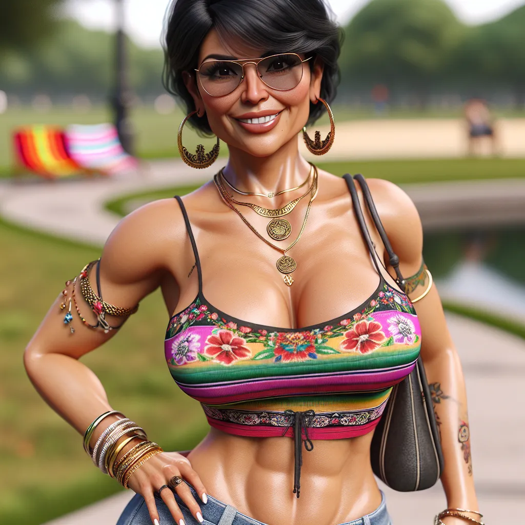 The image description for this story could be: "A middle-aged Hispanic woman with black hair, wearing a colorful tank top and denim shorts, stands confidently with a smile on her face. She has on traditional Mexican flip flops and is adorned with large hoop earrings, a gold necklace, bangle bracelets, a charm bracelet, and an anklet. She is holding a purse and wearing sleek sunglasses. In the background, there is a park with a lake and a picnic blanket."