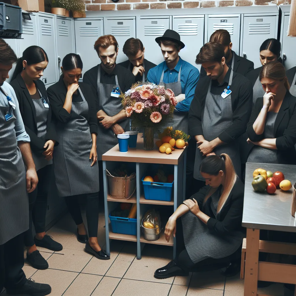 An image showing a somber and regretful group of coworkers gathered around a memorial in a grocery store break room. In the center is a bouquet of flowers placed on a locker, symbolizing the absence of a kind and overlooked coworker named Daniel. The atmosphere is quiet and reflective, with a sense of guilt and remorse evident on the faces of the coworkers.