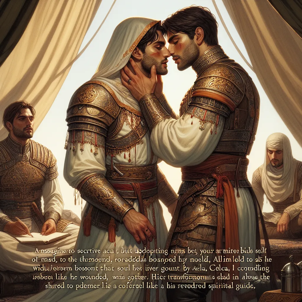 A secret within a command tent unravels as Alm embraces his true identity, donning delicate garments belonging to his beloved Celica. In a moment of vulnerability, Alm's fantasy comes to life when Conrad, Celica's knight brother, discovers his transformation. Conrad recognizes Alm's identity but redirects his role towards tending to the wounded, declaring that Alm should always dress as a sacred priestess. With a promise of protection and a shared kiss, Conrad reassures Alm that he will fulfill 