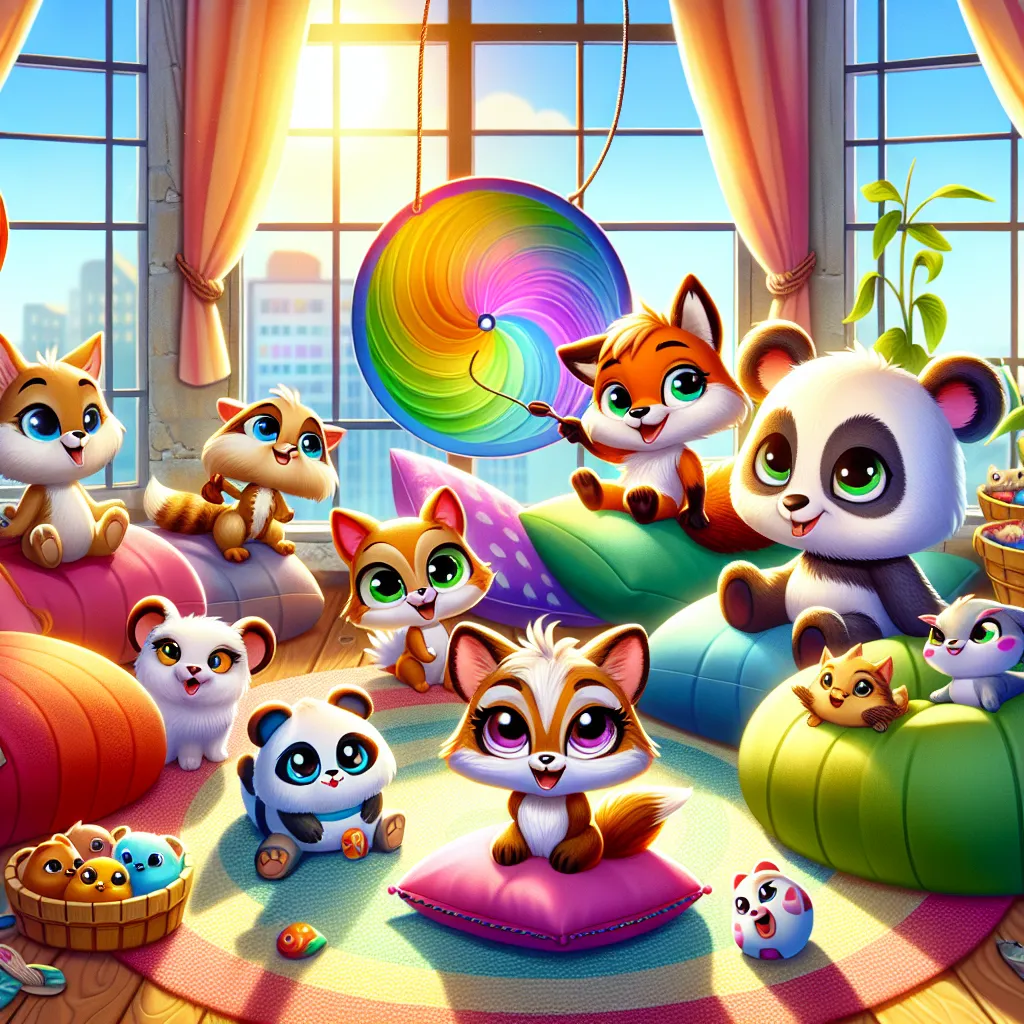The image features the characters from "Littlest Pet Shop: A World of Our Own" gathered in the living room of The Littlest Pet Shop, with Trip Hamston mischievously holding a hypnotic spiral disc on a string. His friends, including Roxie, Jade, Bev, Edie, and Quincy, have various expressions of amusement, confusion, and surprise as they interact with Trip and the spiral. The setting is warm and cozy, with rays of sunshine filtering through the windows in the background.