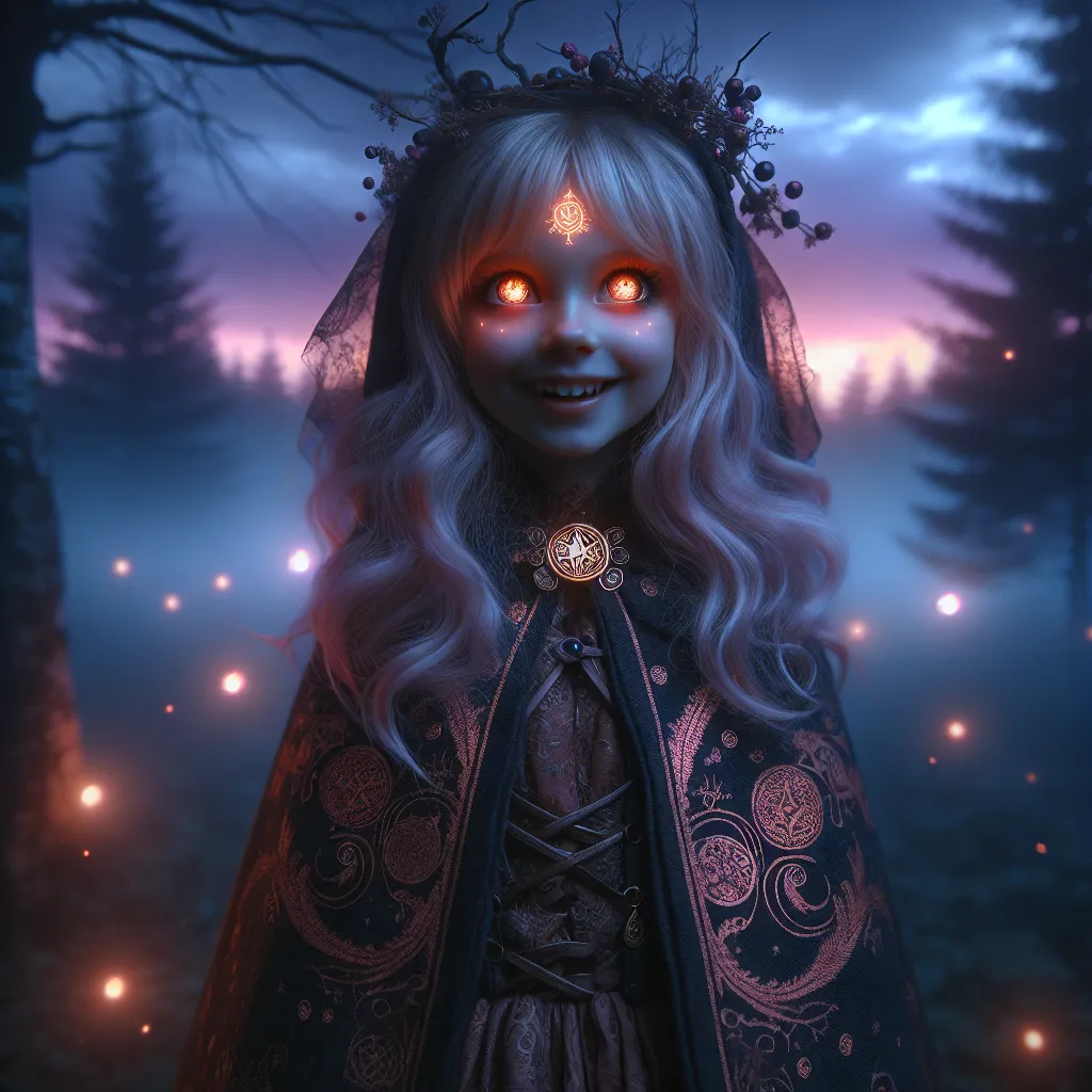A young girl named Loons, believed to be the daughter of Beelzebub, is depicted in a mystical and eerie setting, with witchfire eyes and a wild laugh that echoes through the dusk.
