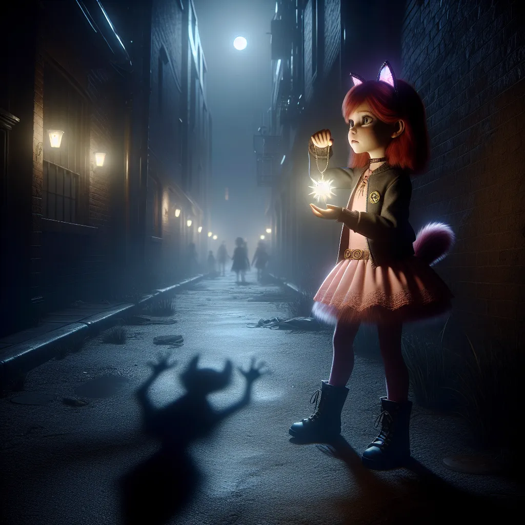 Image Description: In the dimly lit alleyway, a figure crouches on the ground, clutching a glowing pendant. Shadows dance around, enveloping the small figure in an eerie atmosphere. The figure, now transformed into a teenage girl with red hair, wears a pink Mew outfit while cat ears sprout from her head and a tail emerges from her back. Her face is filled with terror and confusion as she gazes into the distance. The moon hangs low in the spooky night sky, casting pale light over Tokyo's empty st