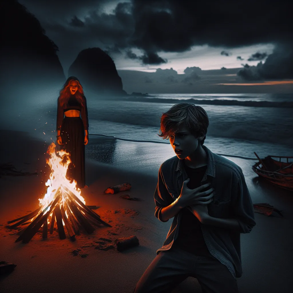 A dark and sinister image of a beach at dusk, with a bonfire blazing and two figures standing by it. One figure, a teenage boy named Liam, is clutching his chest in shock and disbelief. The other figure, his sister Jenna, smirks with an ominous and cruel gaze. The image captures the moment of Liam's transformation into Lily, his body contorting and changing against his will, as a sense of horror and despair engulfs him. The beach and the ocean surrounding it serve as a metaphorical backdrop to t