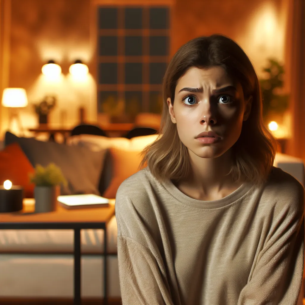 The image will depict a young boy named Oliver, transformed into a young woman named Savannah, sitting on a couch in a modern living room setting. Oliver's bewildered expression as he grapples with his new body and identity will be highlighted, capturing the emotional complexity of the story. The room will be softly lit with a warm glow, emphasizing the surreal and introspective moment that Oliver, now Savannah, is experiencing.