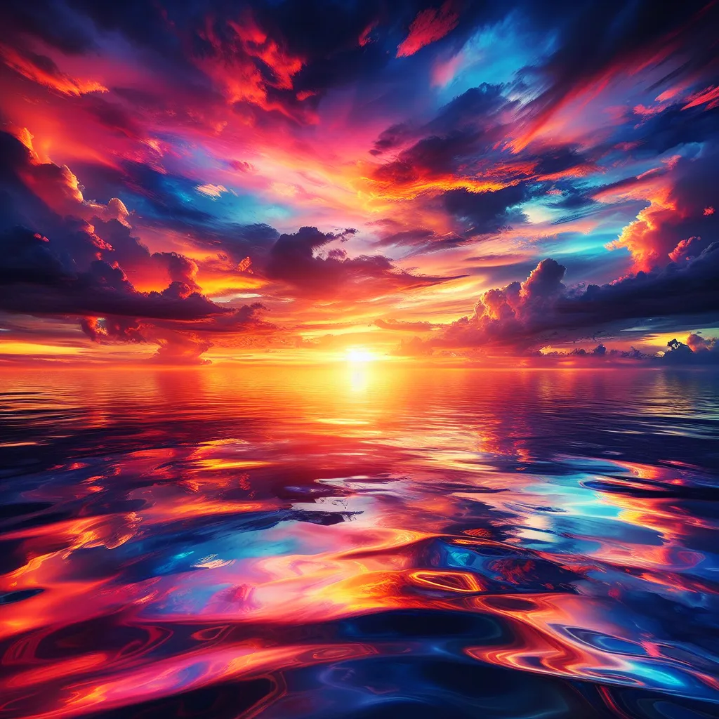 A stunning sunset over a vast ocean with vibrant colors reflecting in the water.