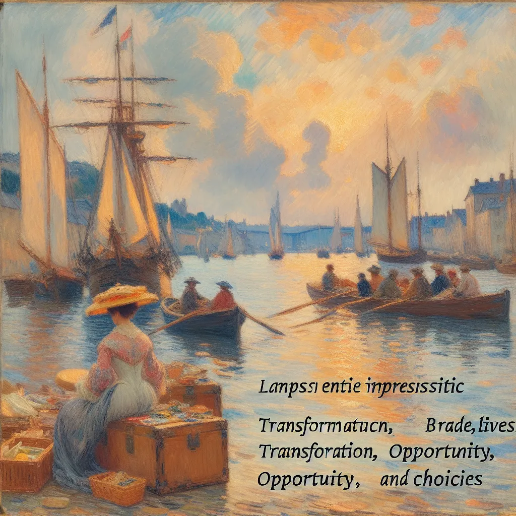 Trade, Lives, Transformation, Opportunity, Choices in the style of Monet