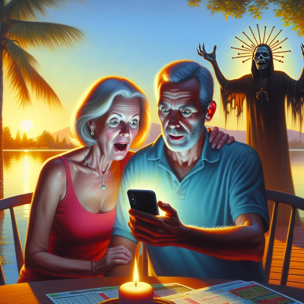 A middle-aged couple at a sunlit lakeside resort, the man holding a smartphone displaying a lottery winning notification, their expressions a mix of shock and disbelief; in the background, a flickering candle and a faint, mysterious shadow of a figure suggestive of a voodoo practitioner, evoking an eerie, mystical atmosphere.