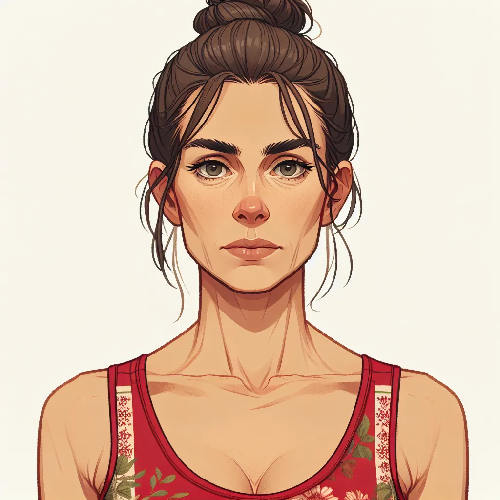 The image accompanying this story could be a close-up of a 50-60-year-old woman's face, with hazel eyes and dark brown hair pulled up in a bun. She is wearing a red tank top with floral patterns, and her expression conveys a mix of exhaustion and determination.