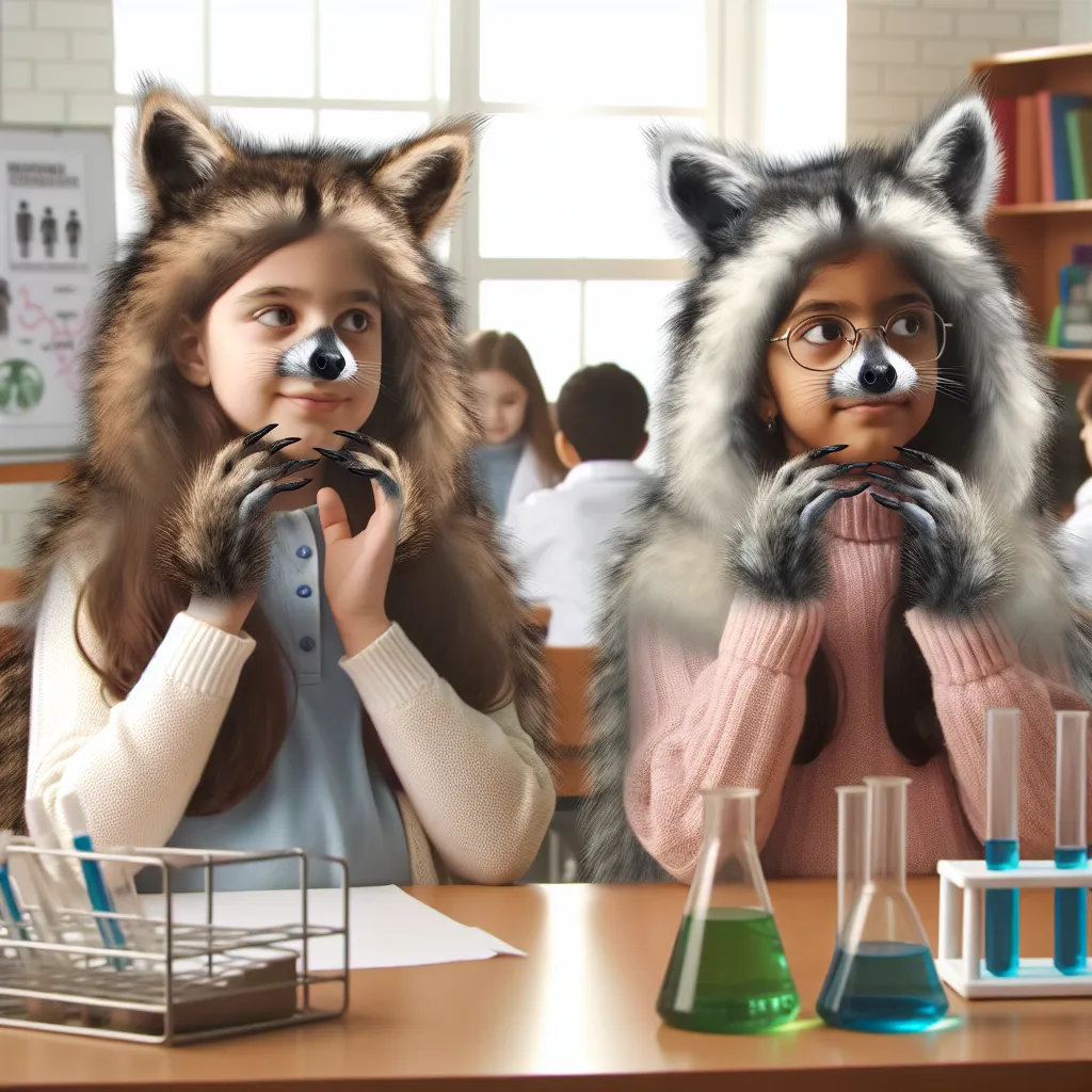 An image of two young girls, Liza and Emily, undergoing a transformation from human to raccoon-like creatures in a school laboratory. They are depicted with fur, raccoon facial features, and tails, marveling at their new forms with excitement and curiosity.