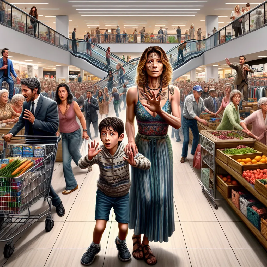 A young boy named Ben Carson is depicted with his mother, Lisa Carson, in a department store. The image shows Ben tugging on his mother's hand, indicating that he needs to use the bathroom. The setting is busy, with many occupied stalls. The image captures the tense moment as an announcement is made about a credible threat in the vicinity, causing fear and confusion to wash over Ben. As he tries to find a stall, he suddenly collapses, feeling a strange sense of transformation. The image portrays