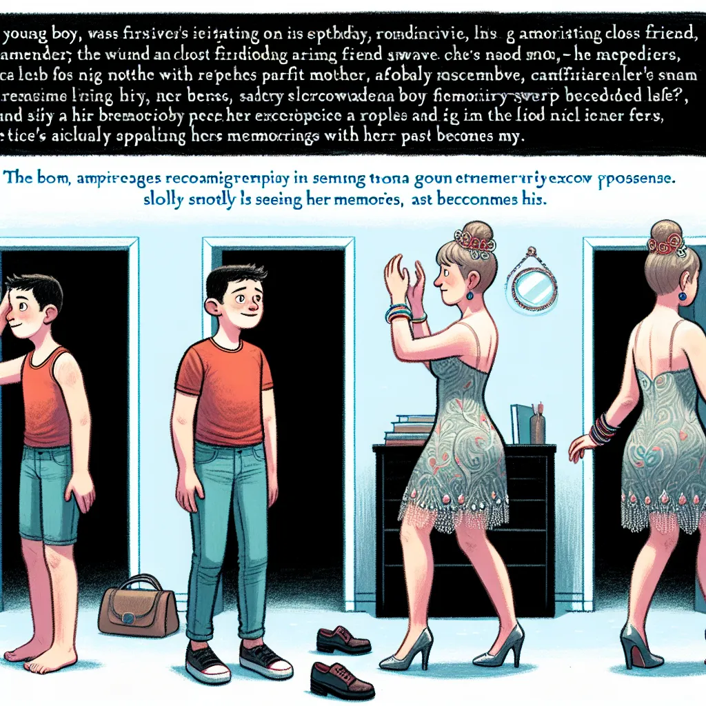 A young boy named Alex, who has recently celebrated his birthday, is visiting his best friend for the first time. Little does he know, a strange event will cause him to swap bodies with his friend's mother, Sharon. Alex finds himself trapped in Sharon's body, wearing her dress, jewelry, and platform sandals. As he struggles to comprehend the situation, Sharon reveals that she swapped their memories, slowly erasing Alex's identity. Despite Alex's resistance, he begins to embrace his new life as S