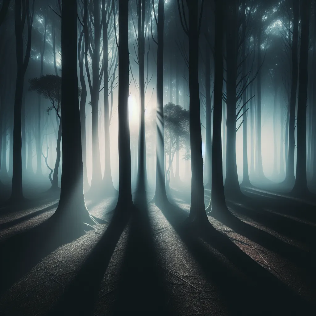 A mysterious, fog-covered forest with tall trees, casting long shadows on the ground. The soft glow of sunlight peeks through the dense foliage, creating an otherworldly atmosphere.