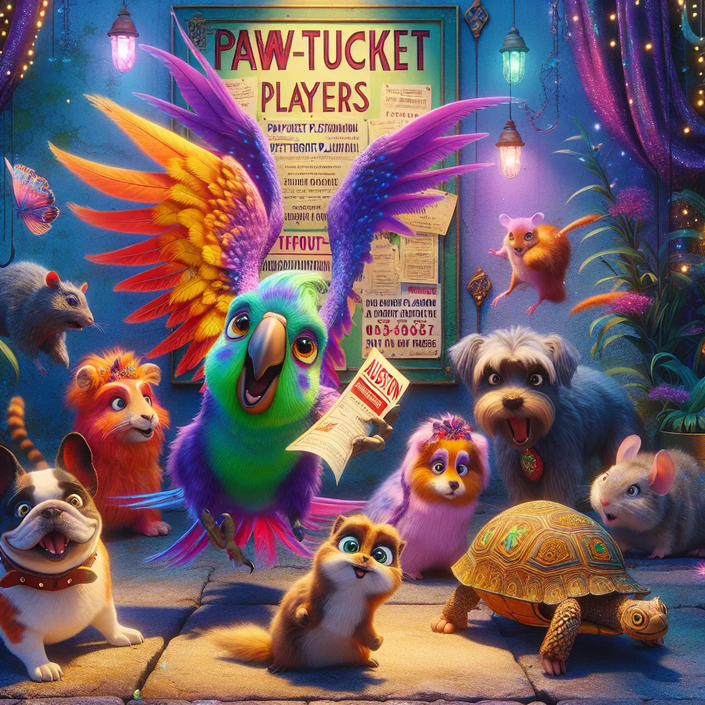 Image: An eclectic group of animated pets, including a parakeet, a turtle, a Boston Terrier, and a hamster, gathered near a bulletin board in a vibrant, magical world. The parakeet, Edie Von Keet, looks dramatic and regal, clutching an audition flyer for the Paw-Tucket Players' annual Petformance. The Boston Terrier, Roxie McTerrier, exudes excitement, and the turtle, Bev Gilturtle, showcases a burst of energy. The hamster, Trip Hamston, has a confident and enthusiastic expression.