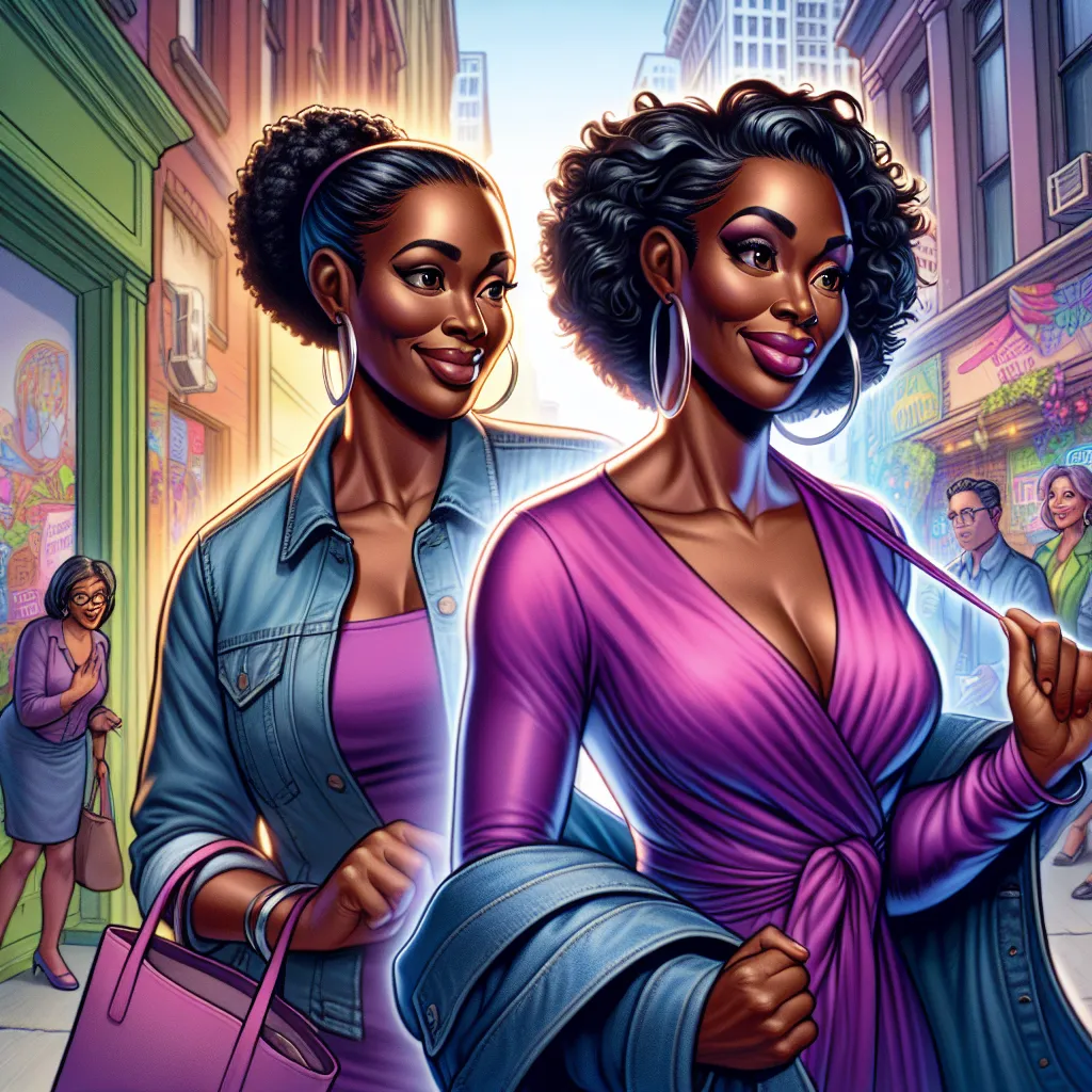 A 4-year-old boy, Oliver, takes a quiz and undergoes a fantastical transformation into a confident Black mom. The image depicts Oliver's amazement and acceptance as he embraces his new identity, flaunting an urban-inspired outfit with a vibrant purple blouse, a jean jacket, and hoop earrings. With a stylish tote bag by her side, the transformed Oliver exudes maternal warmth and urban charisma, embodying a new chapter in her life with grace and resilience.