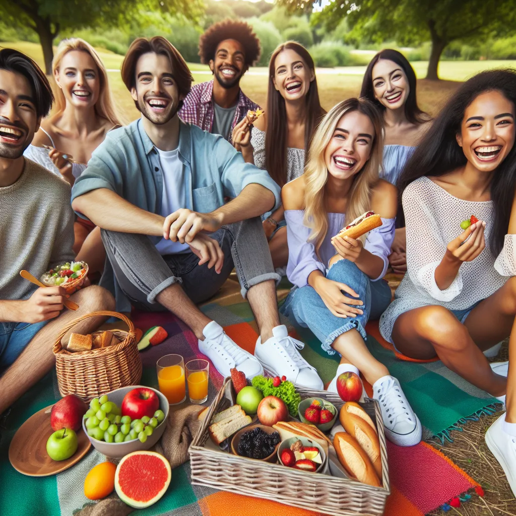 A group of diverse, smiling friends enjoying a picnic in a serene park setting with a colorful blanket and a variety of delicious food spread out before them.