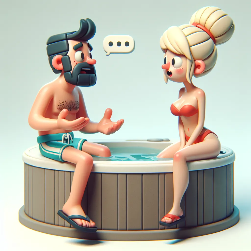 In the image, a man and woman are seen in a hot tub, with the man wearing a bikini and the woman wearing swim trunks. The man is adjusting the bikini straps and commenting on its tightness, while the woman is trying not to laugh. They both have humorous expressions on their faces, conveying the lighthearted and absurd nature of their situation.