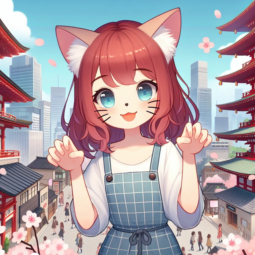 A whimsical image of a young girl with red hair and cat ears, standing in the middle of Tokyo's bustling streets. Cherry blossoms are scattered around her as buildings sway ominously in the background.