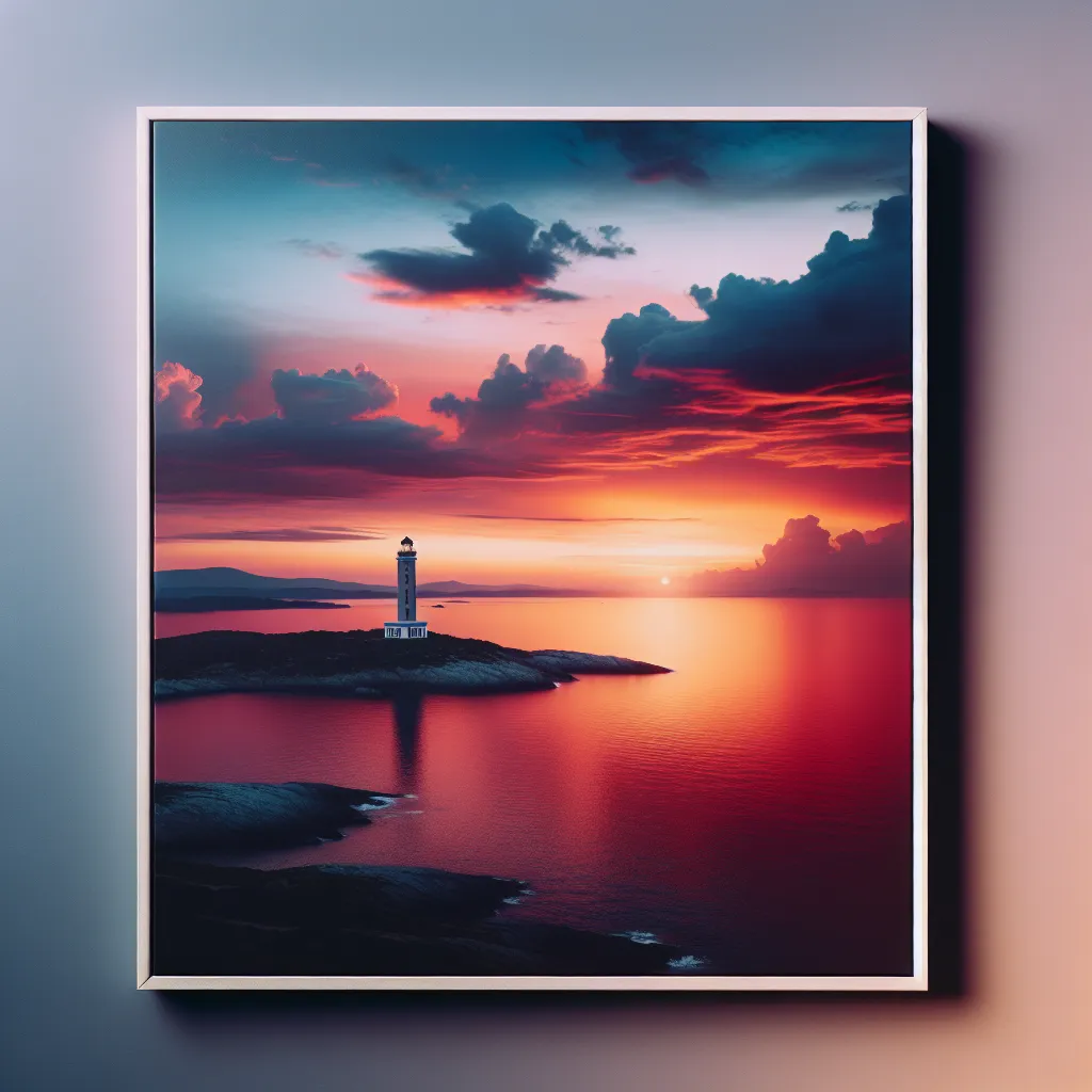 A photo of a beautiful sunset over a serene, coastal landscape with a lighthouse standing tall in the foreground.