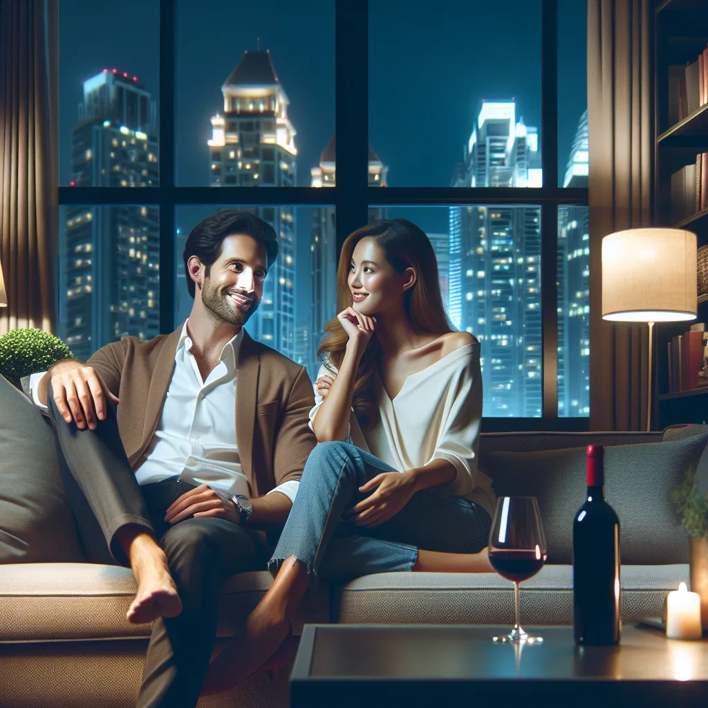 A woman and a man engage in a playful and seductive dance of glances and gestures on a couch, framed by a bottle of red wine and a cityscape in the background.