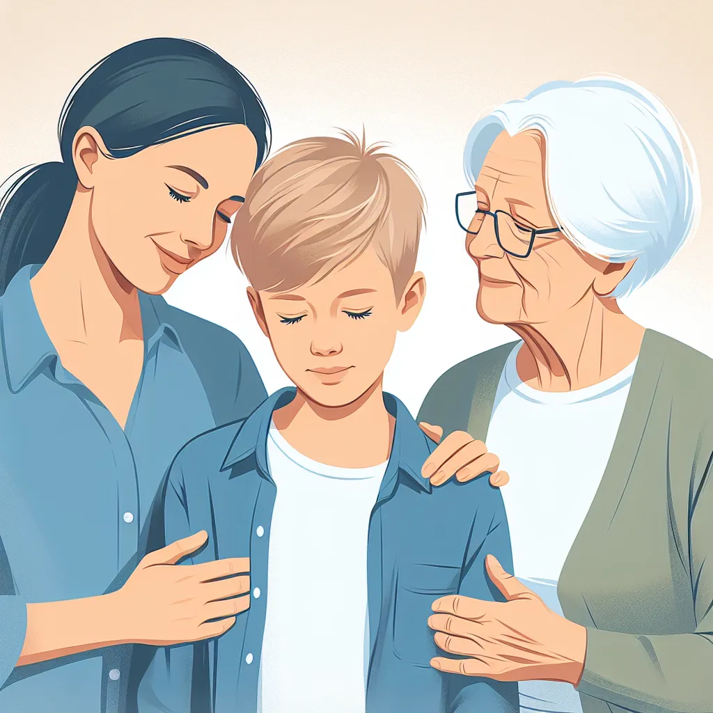 An image depicting Alex, a young boy, in his mother's body standing alongside his mother, Emma, and his grandmother, Margaret. The three of them share a warm and loving moment, symbolizing the strength of their bond and the resilience of Alex's spirit.