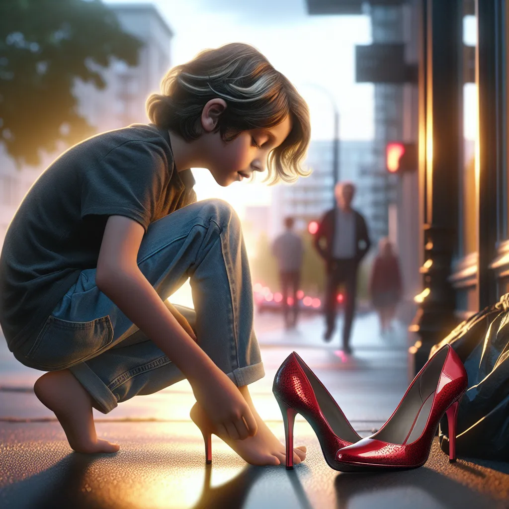 A young boy named Nate finds a pair of red high heels on a dimly lit street. Despite his initial resistance, he accidentally puts them on and undergoes a transformative experience. Nate's appearance changes, blending masculine and feminine traits, as he desperately tries to remove the heels to no avail. Eventually, he accepts his new identity as Natasha and embraces her femininity. With newfound confidence, Natasha navigates the city streets and experiences a sense of belonging among accepting f