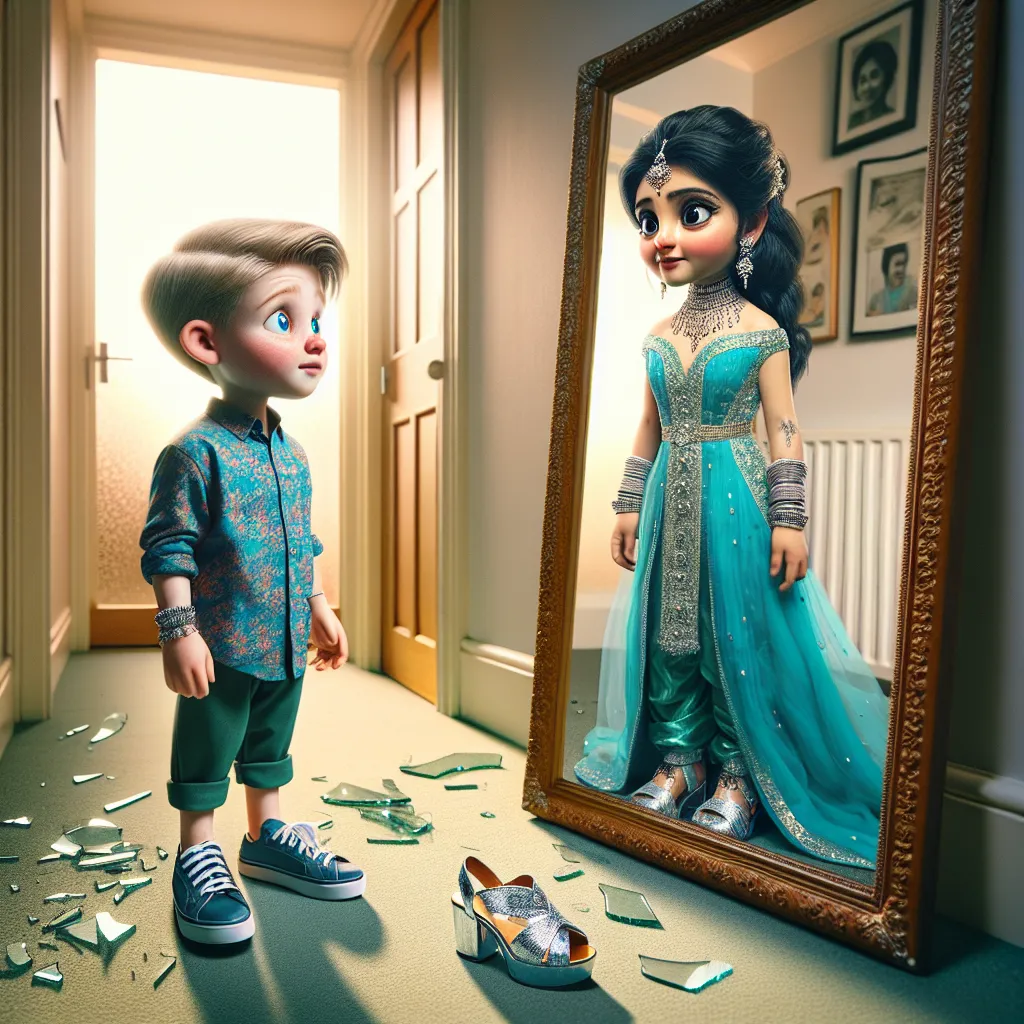 An image of the young boy, Jacob, transformed into his friend Maddie, now a grown woman named Jennifer, standing in the hallway mirror. She is wearing a turquoise evening dress, silver platform sandals, and is adorned with elegant jewelry. Her face reflects a mix of surprise, confusion, and hints of her former self as she gazes at her transformed appearance. Glass shards are scattered on the floor around her from broken picture frames, and her platform sandals gleam in the warm hallway light.