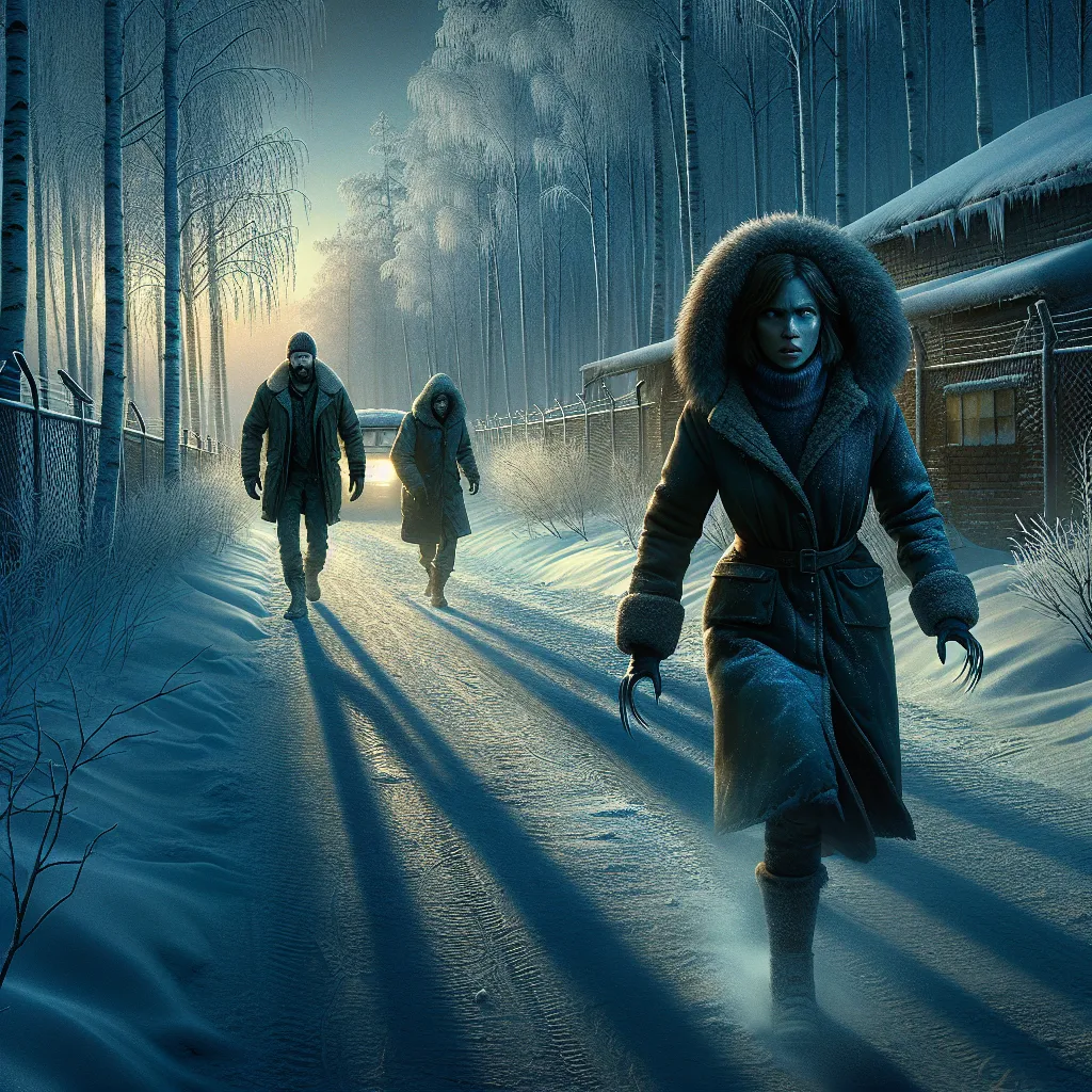 A tense, snowy Siberian forest at twilight, with three figures cautiously moving along a narrow service road toward a dilapidated brick barracks surrounded by rusted wire fences. In the foreground, a woman with sleek brown hair and partially extended metallic claws glances warily over her shoulder, her breath visible in the cold air. Ahead, a rugged man with a stern expression and a sharp-eyed blonde woman lead the way, their forms casting long shadows among frosted birch trees. The scene is hea