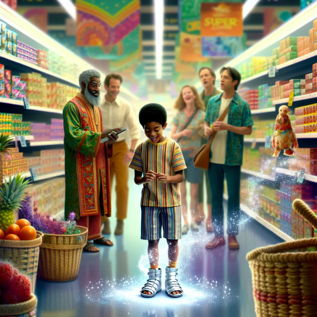 A young boy named Samuel Harper accidentally tries on a mysterious woman's sandals in a grocery store, leading to a surprising transformation of his feet in this fantastical story.