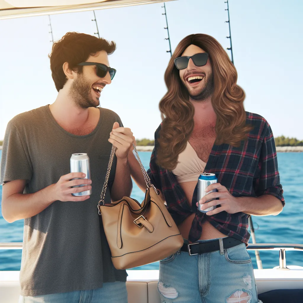 In the image, two friends, one in the body of his ex-wife, stand on a boat deck overlooking the ocean. The man, now in a curvy female body, is adjusting a designer purse and wearing sunglasses. They share a laugh as they hold beers, reminiscing and enjoying their annual fishing trip together.